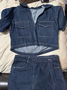 Dark Blue Denim Two-Piece Set - Women Jeans Jacket & Skirt